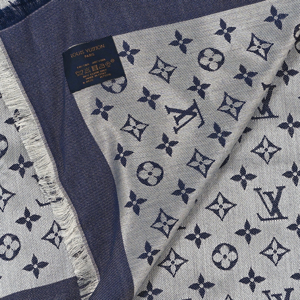 Silk Wool Monogram Denim Shawl Blue