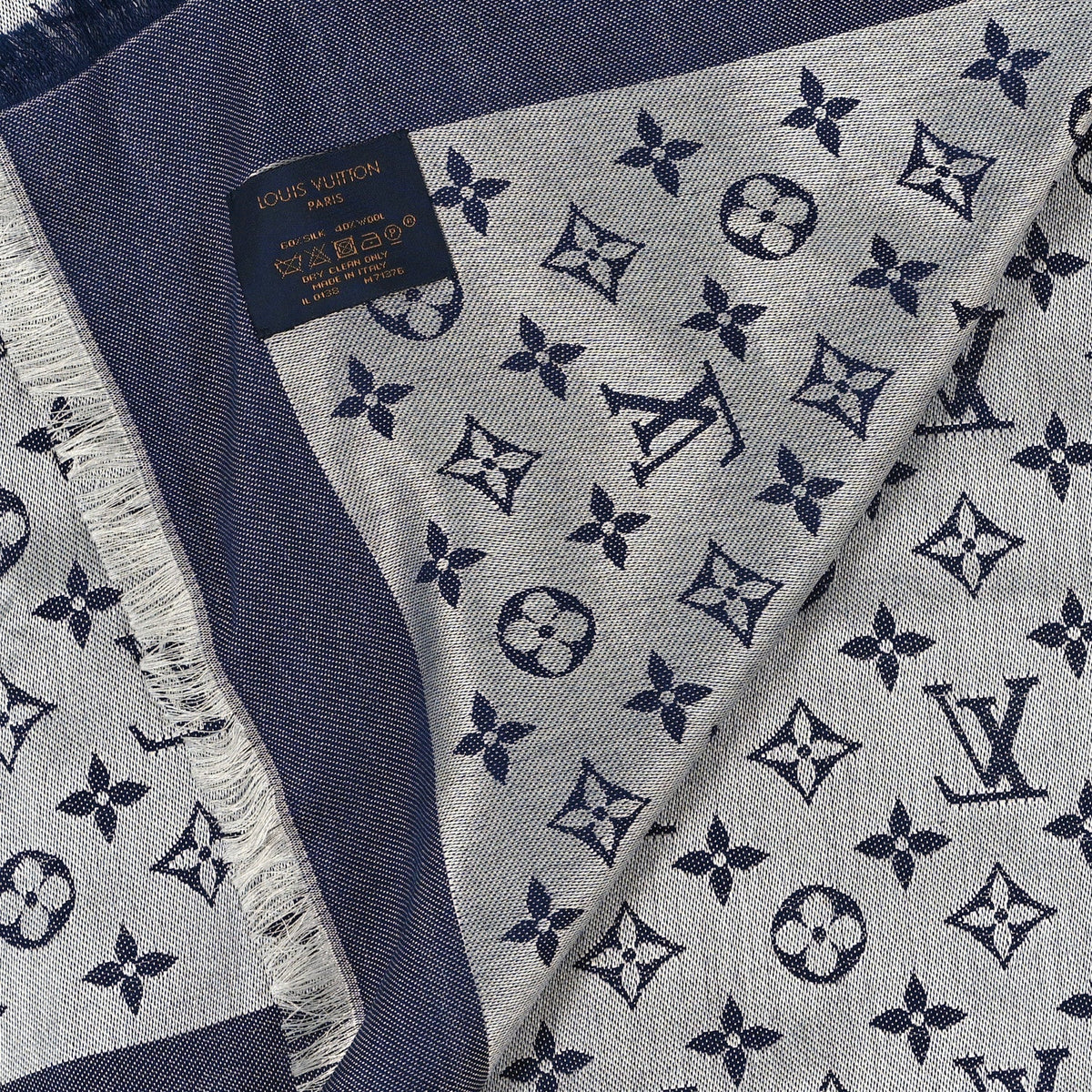 Silk Wool Monogram Denim Shawl Blue