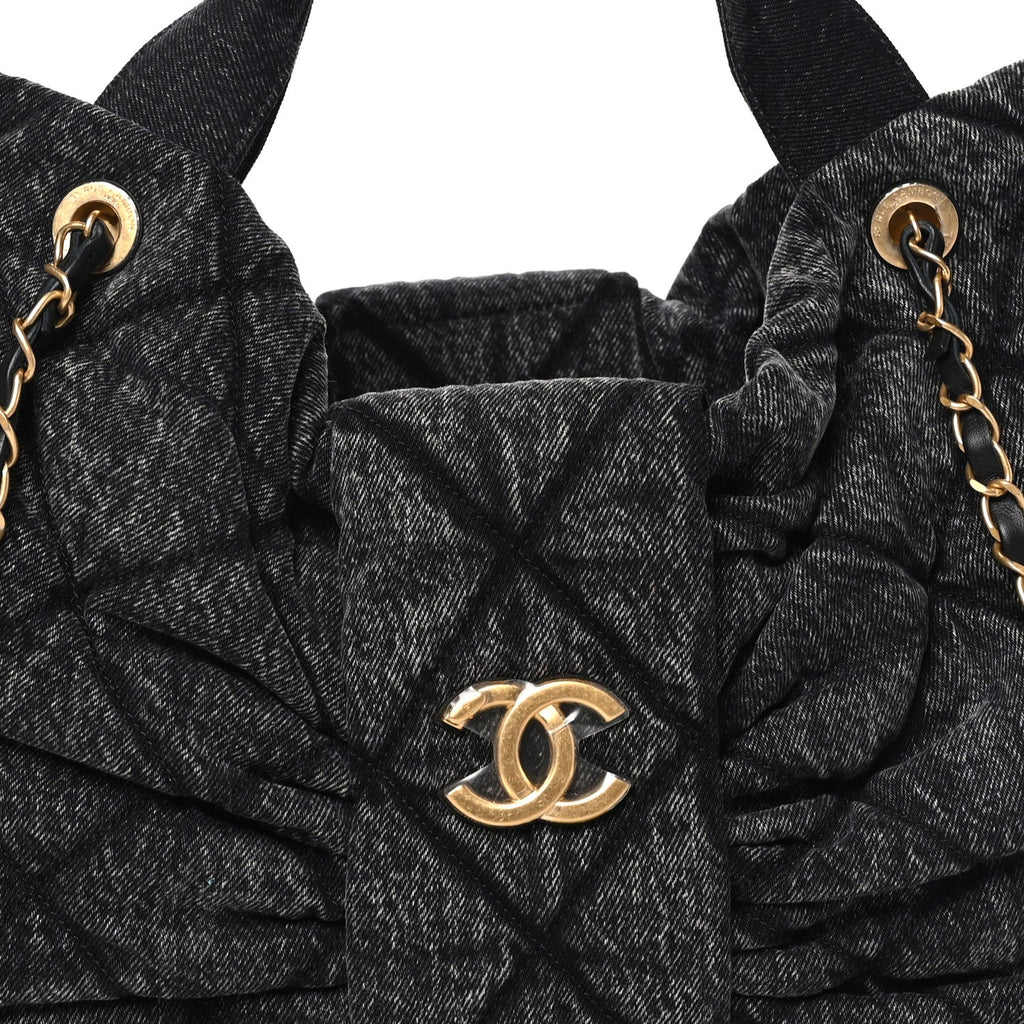 Washed Denim Quilted Maxi Bow Bag Black