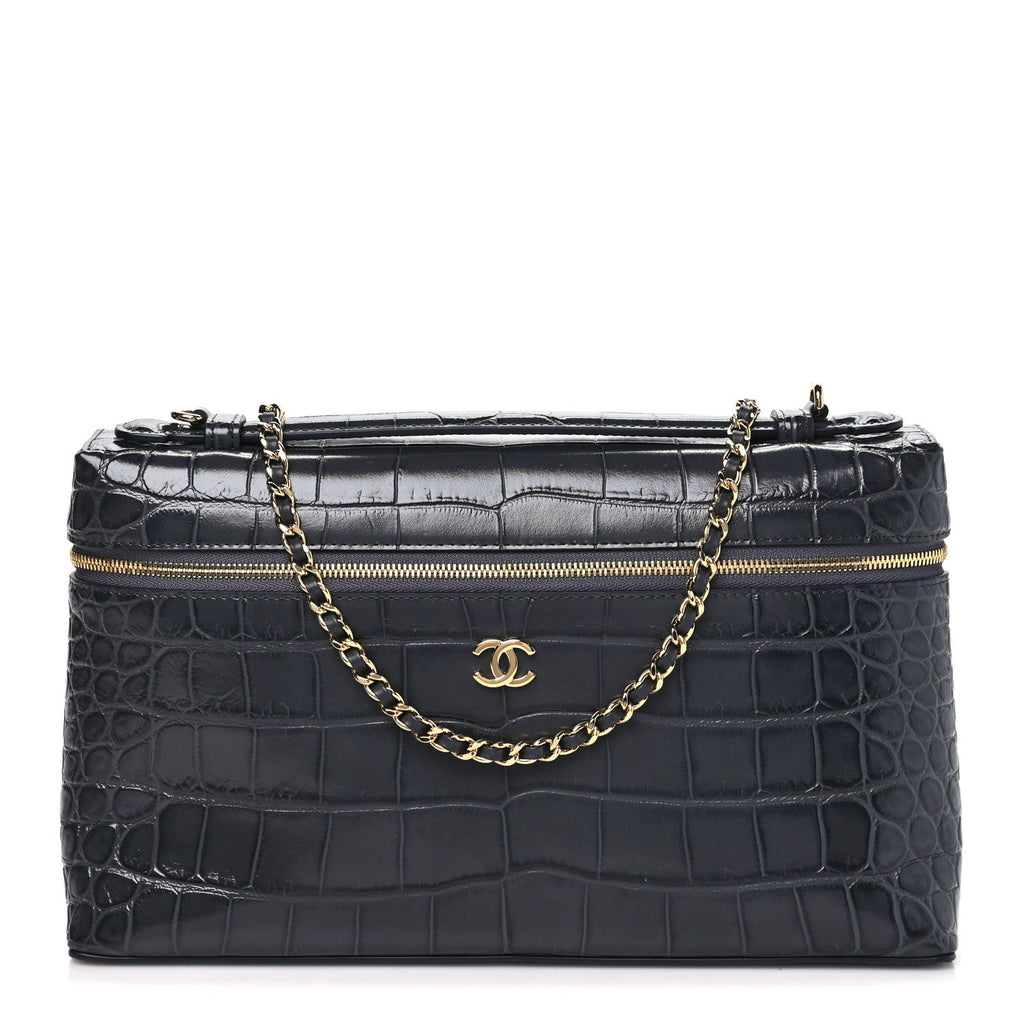 Calfskin Crocodile Embossed Large Supple Trapeze Vanity With Chain Grey
