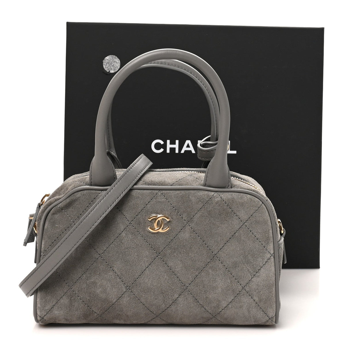 Suede Calfskin Small Perfect Bowling Bag Grey