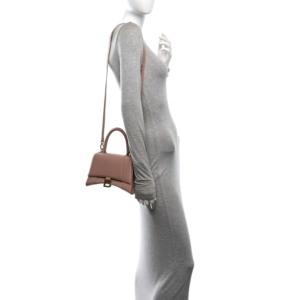 Grained Calfskin Small Hourglass Top Handle Bag Nude Beige