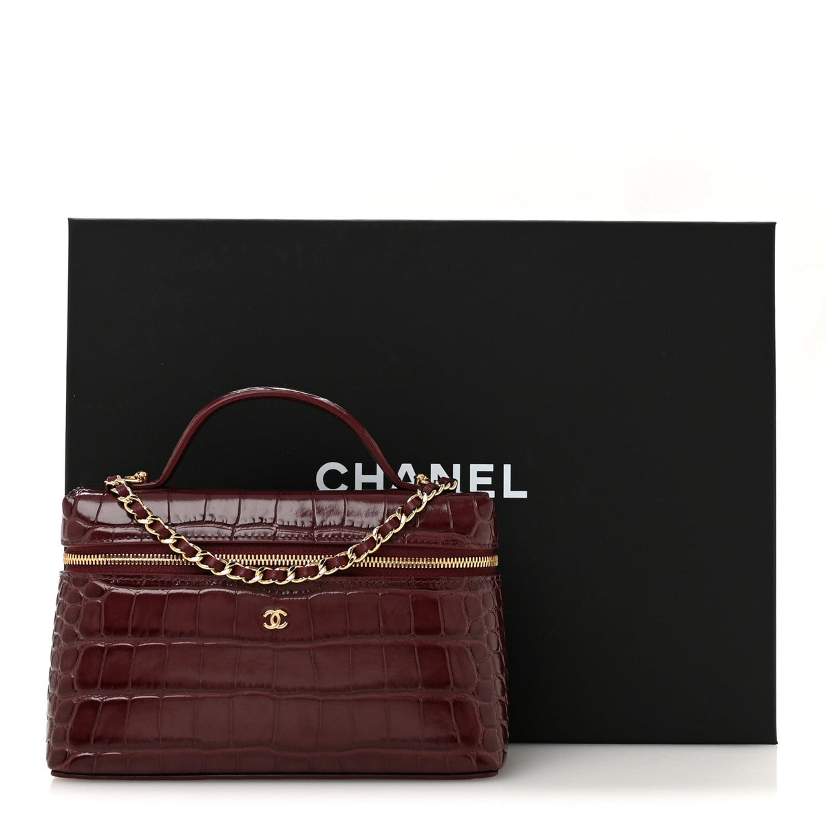 Calfskin Crocodile Embossed Crococo Exoticoco Vanity With Chain Dark Burgundy