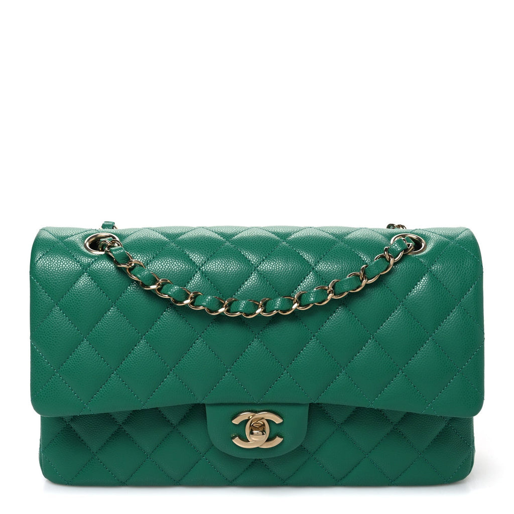 Caviar Quilted Medium Double Flap Green
