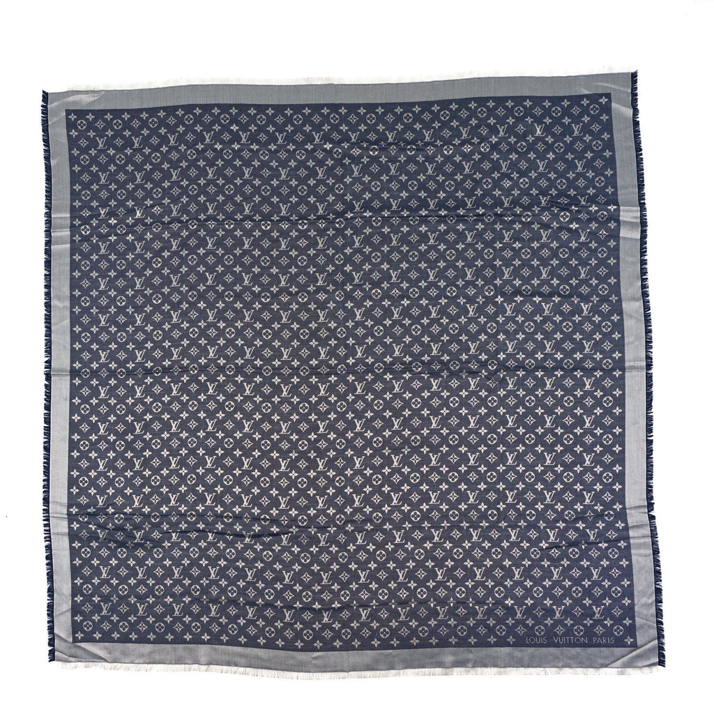Silk Wool Monogram Denim Shawl Blue