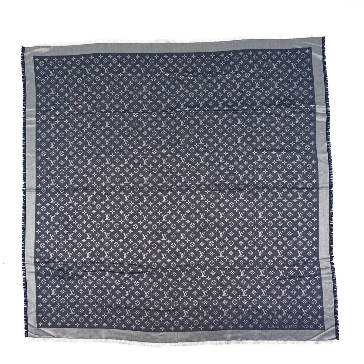 Silk Wool Monogram Denim Shawl Blue