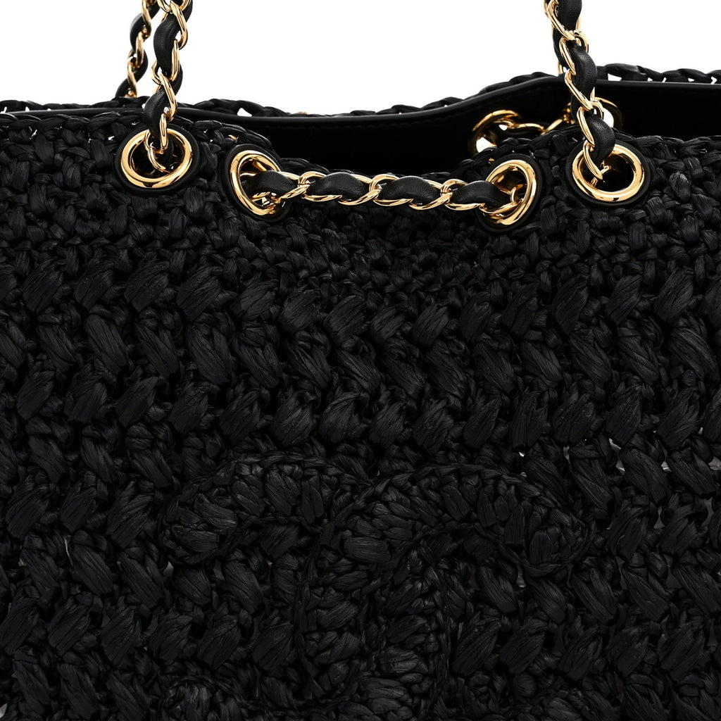 Raffia Effect Calfskin Coco Beach Shopping Tote Black
