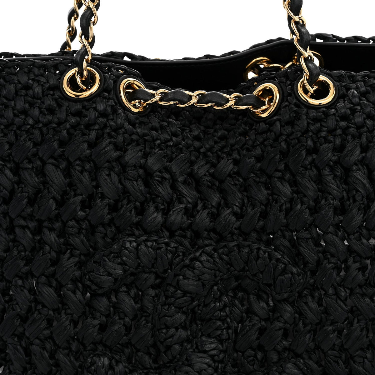 Raffia Effect Calfskin Coco Beach Shopping Tote Black