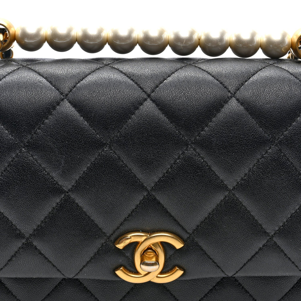 Lambskin Quilted Pearl Handle Flap Black