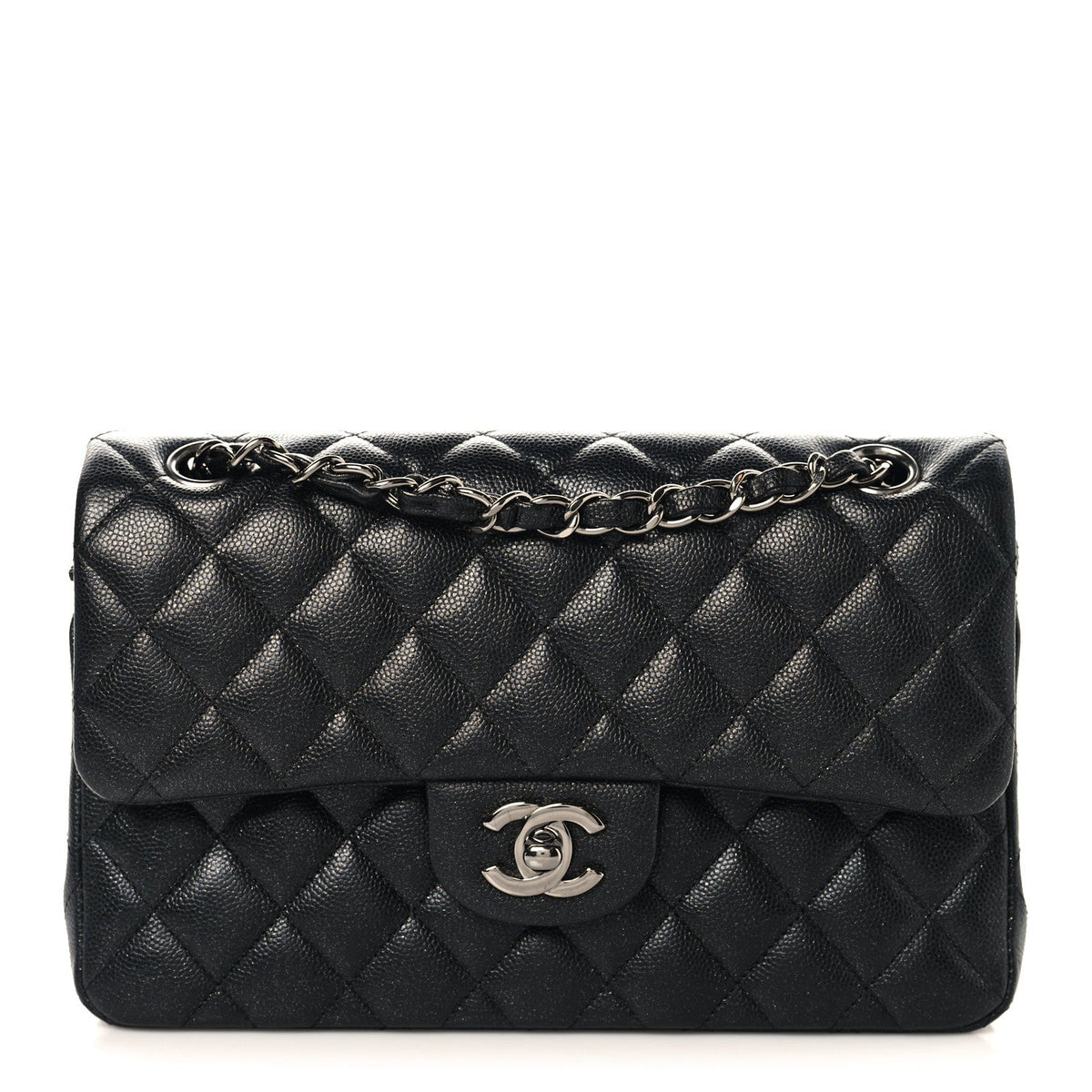 Iridescent Caviar Quilted Small Double Flap Black