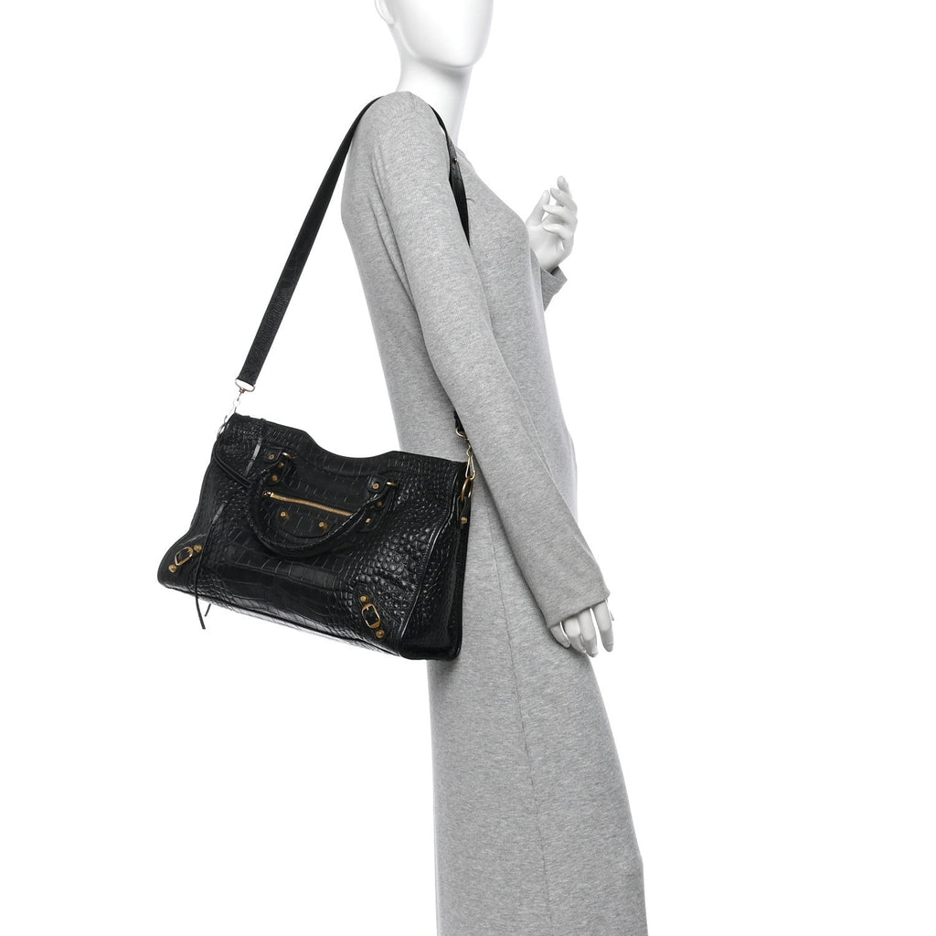 Calfskin Crocodile Embossed Gold Hardware Le City Black