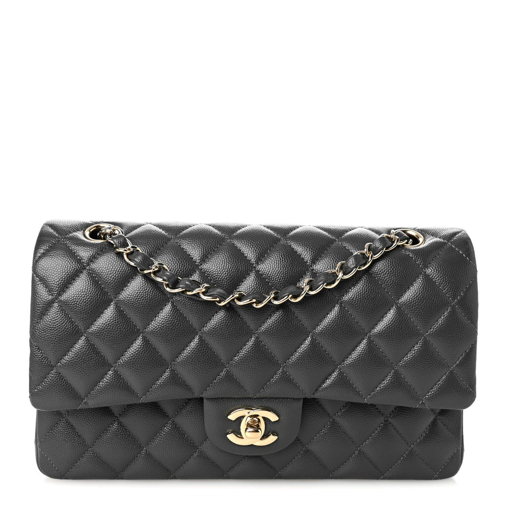 Caviar Quilted Medium Double Flap Dark Grey