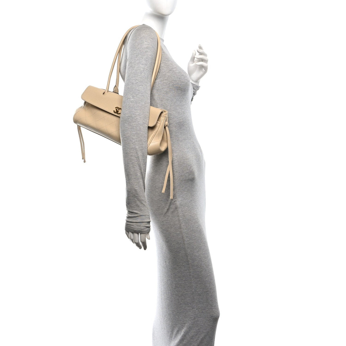 Grained Calfskin Stitched Urban Essentials Small Shopping Bag Beige
