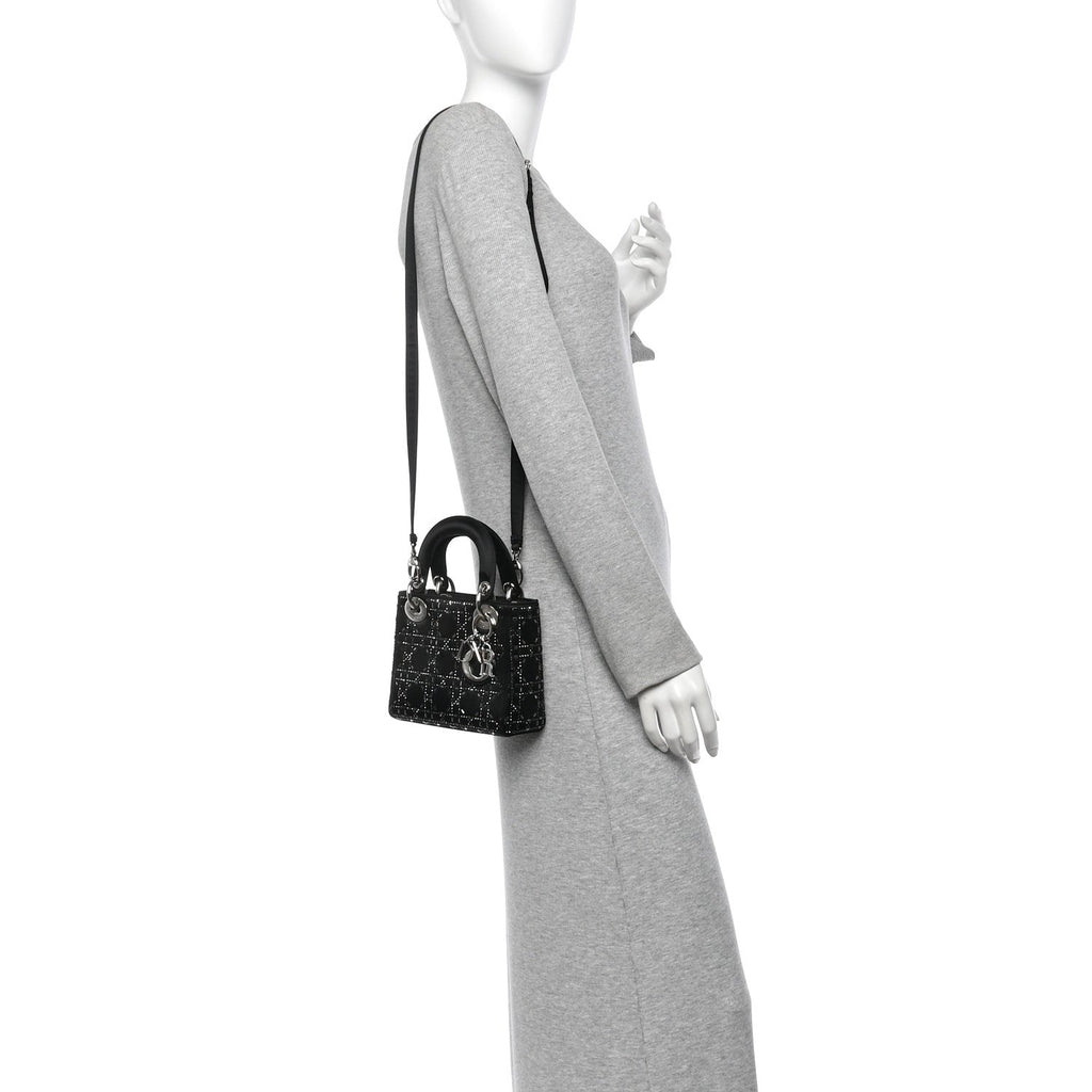Satin Crystal Cannage Mini Lady Dior Black