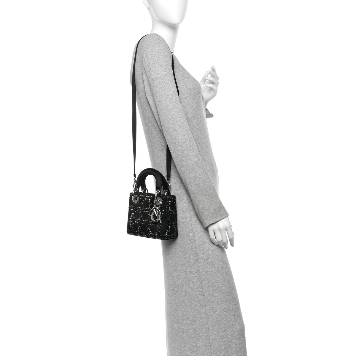 Satin Crystal Cannage Mini Lady Dior Black