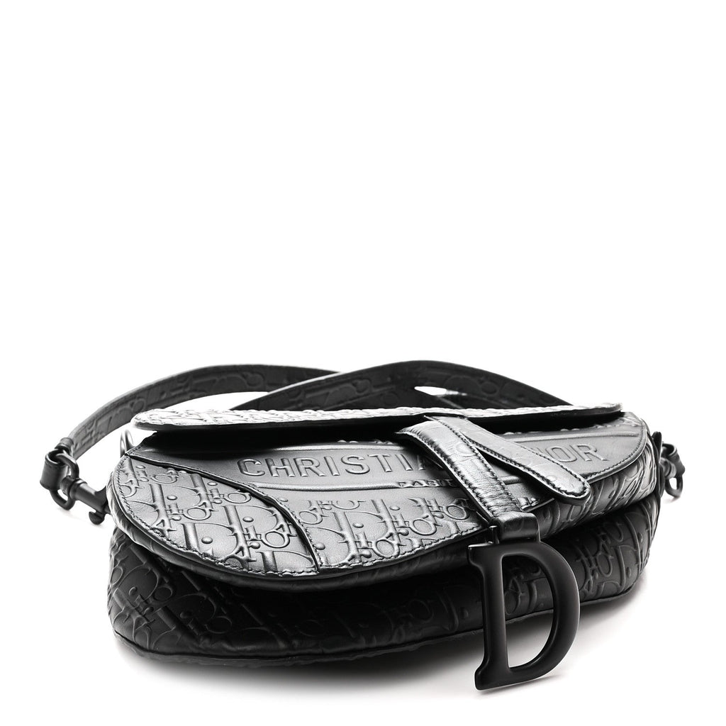 Calfskin Embossed Oblique Saddle Bag With Strap Black