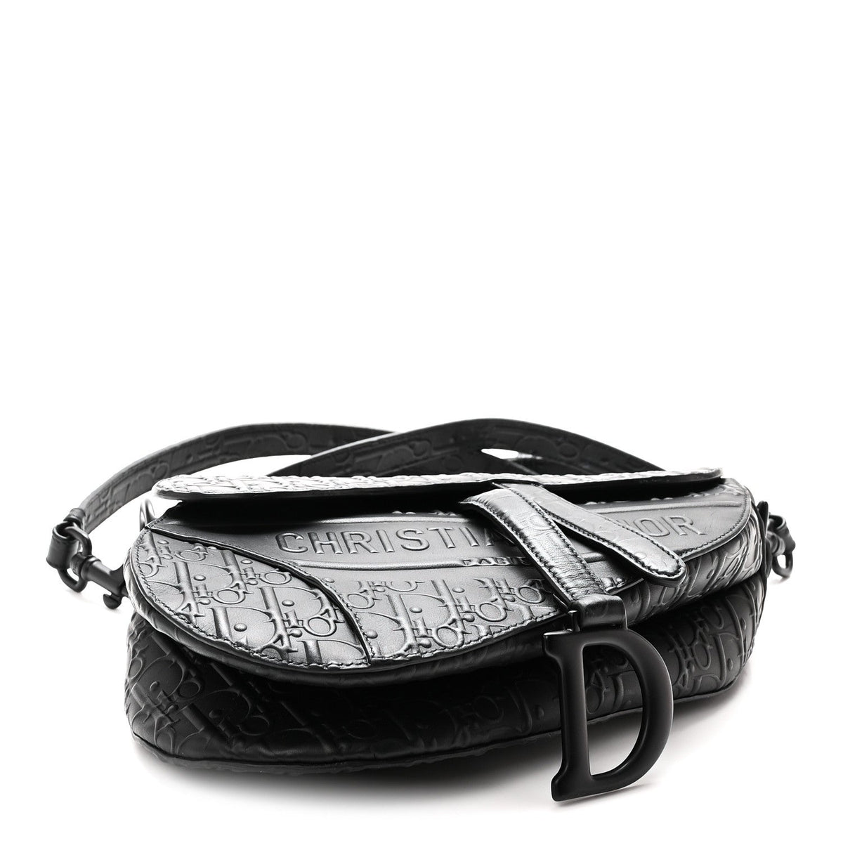 Calfskin Embossed Oblique Saddle Bag With Strap Black