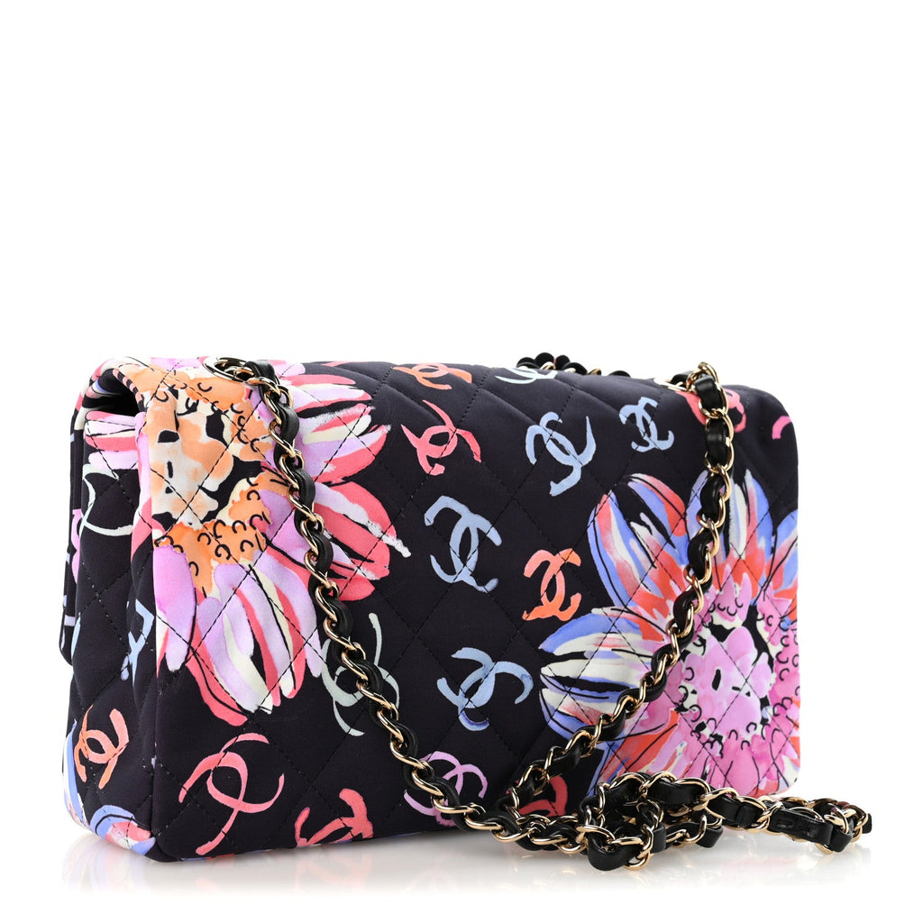 Printed Fabric Quilted Camellia Flap Black Multicolor