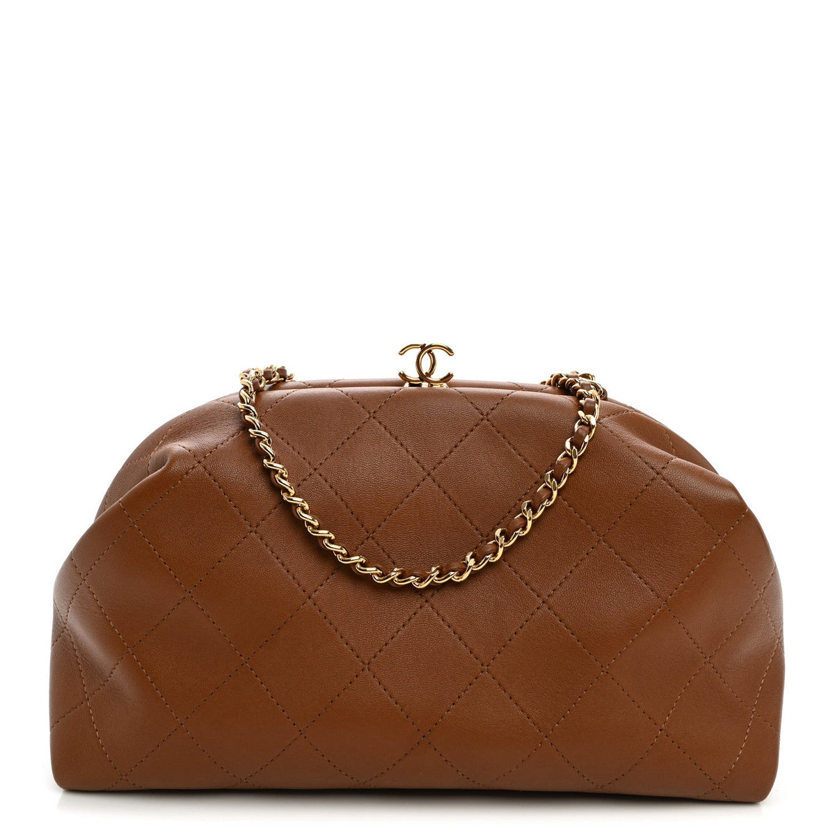 Lambskin Stitched Clutch With Chain Brown