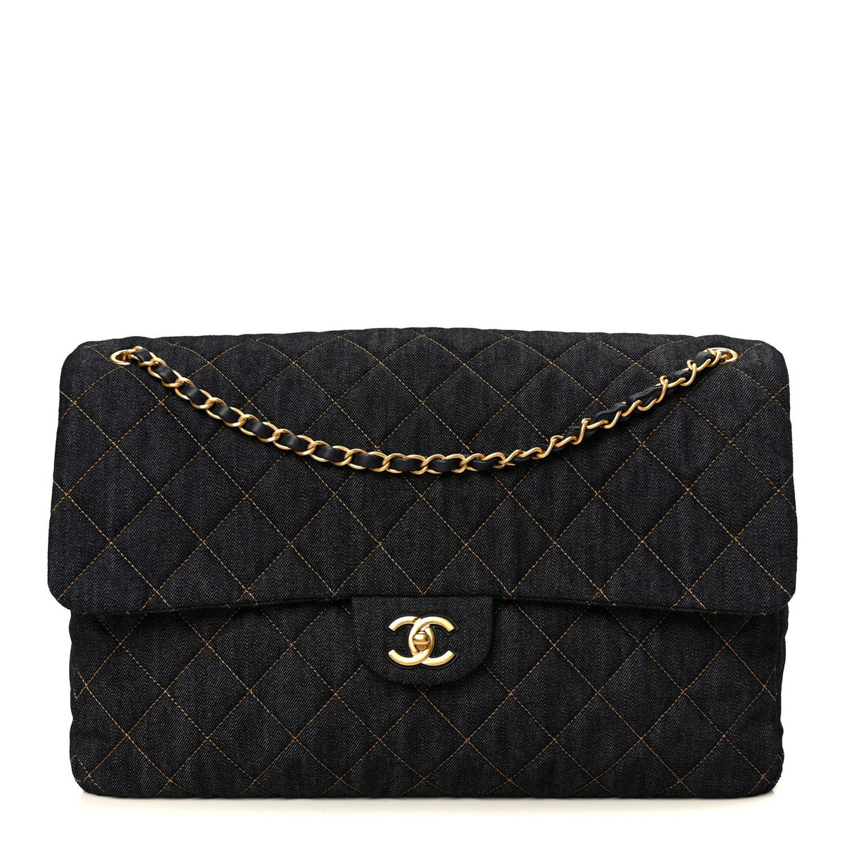 Denim Quilted XXL Travel Flap Bag Dark Blue Orange