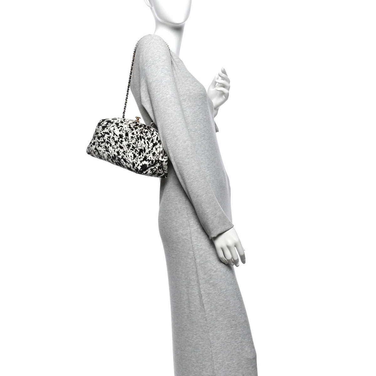 Lambskin Pony Hair Printed Clutch With Chain Black White