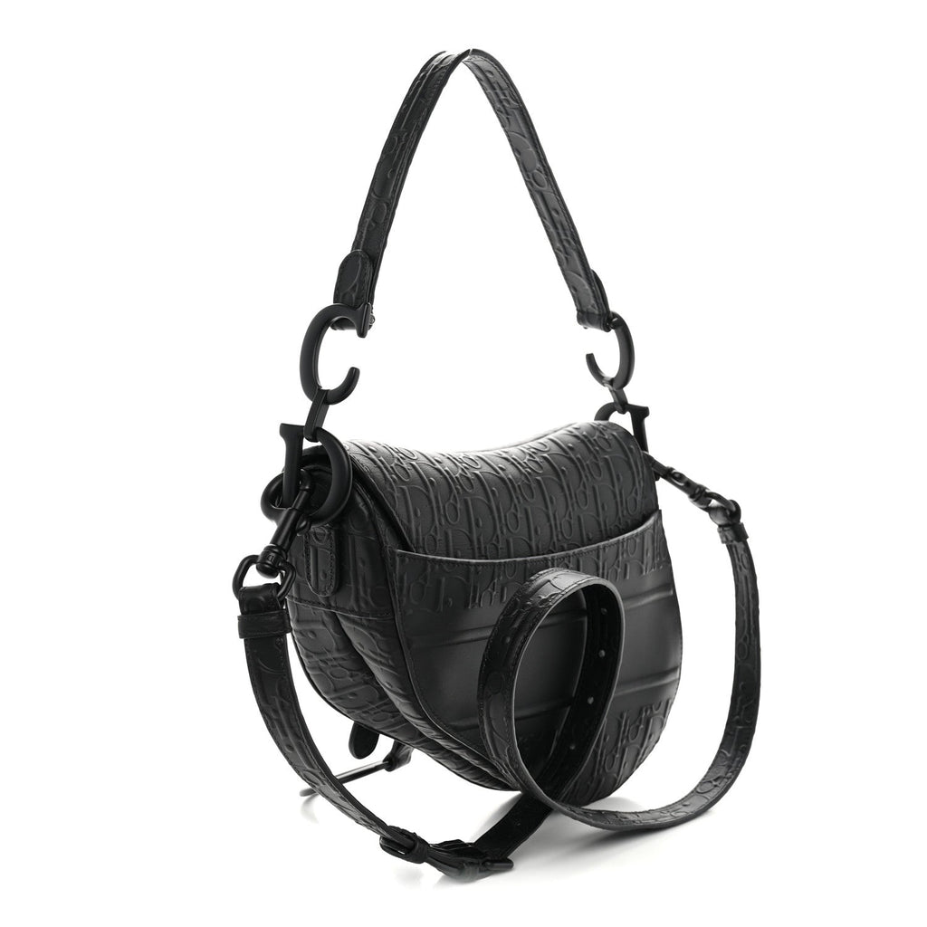 Calfskin Embossed Oblique Saddle Bag With Strap Black