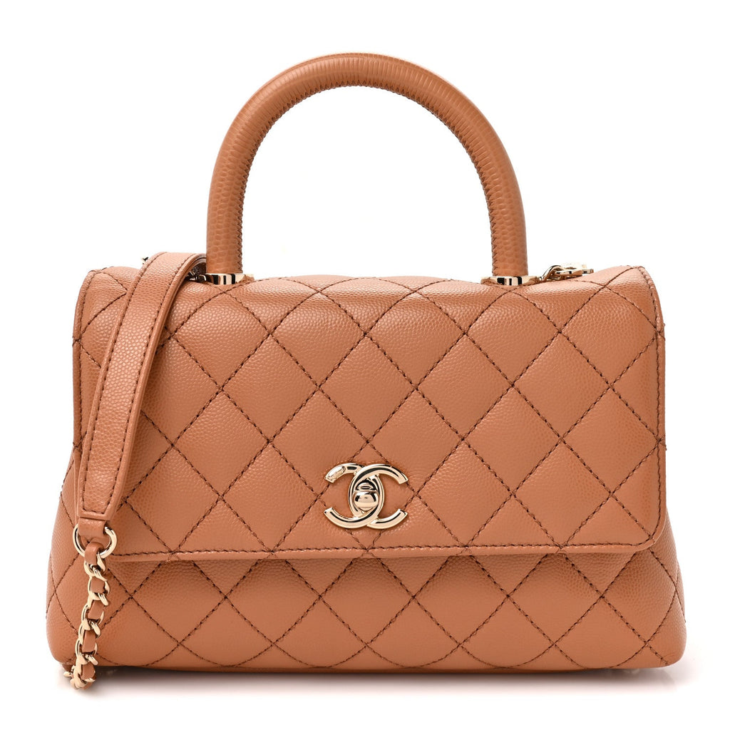 Caviar Quilted Lizard Embossed Mini Coco Handle Flap Beige