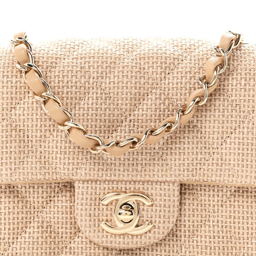 Braided Raffia Quilted Mini Square Flap Dark Beige