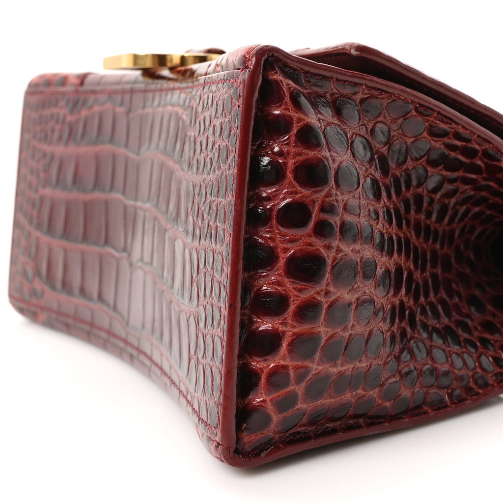 Shiny Calfskin Crocodile Embossed Small Hourglass Top Handle Bag Dark Red