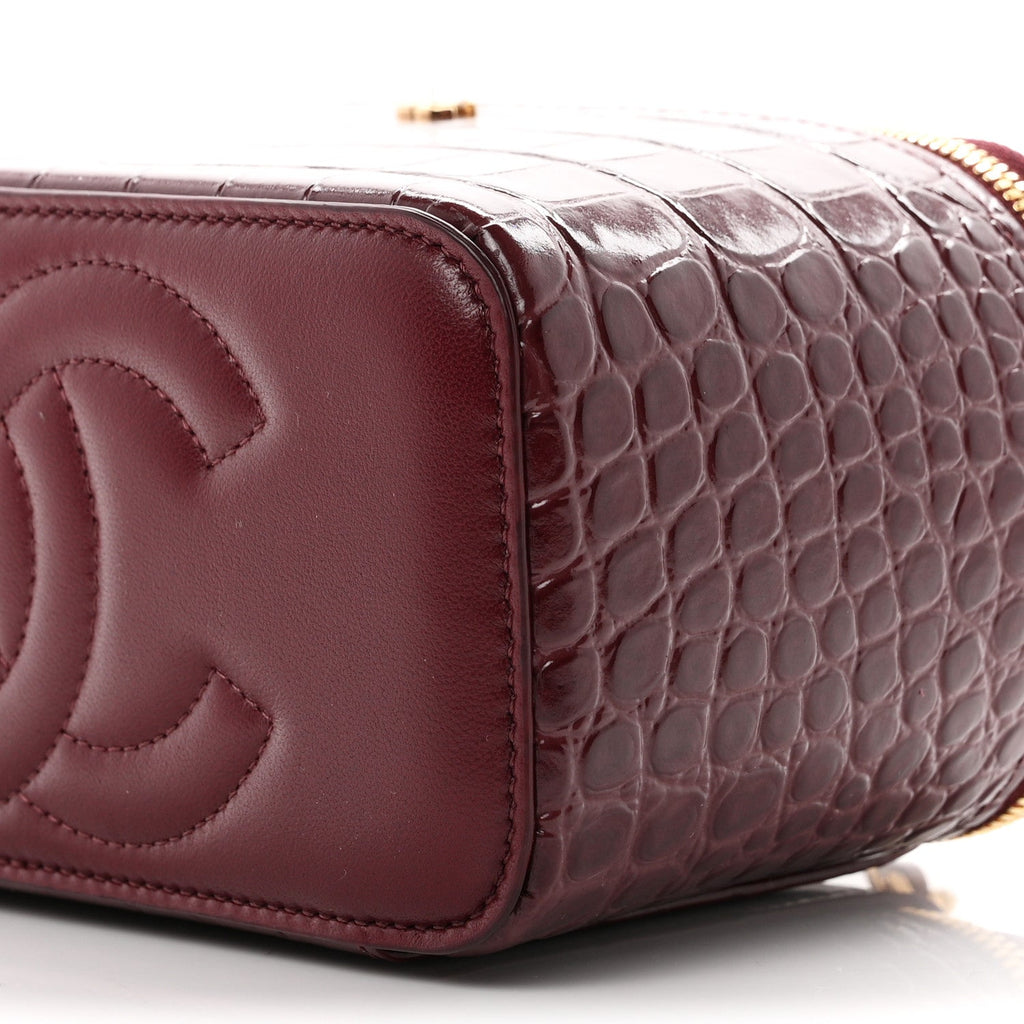 Calfskin Crocodile Embossed Crococo Small Top Handle Vanity Case With Chain Dark Burgundy