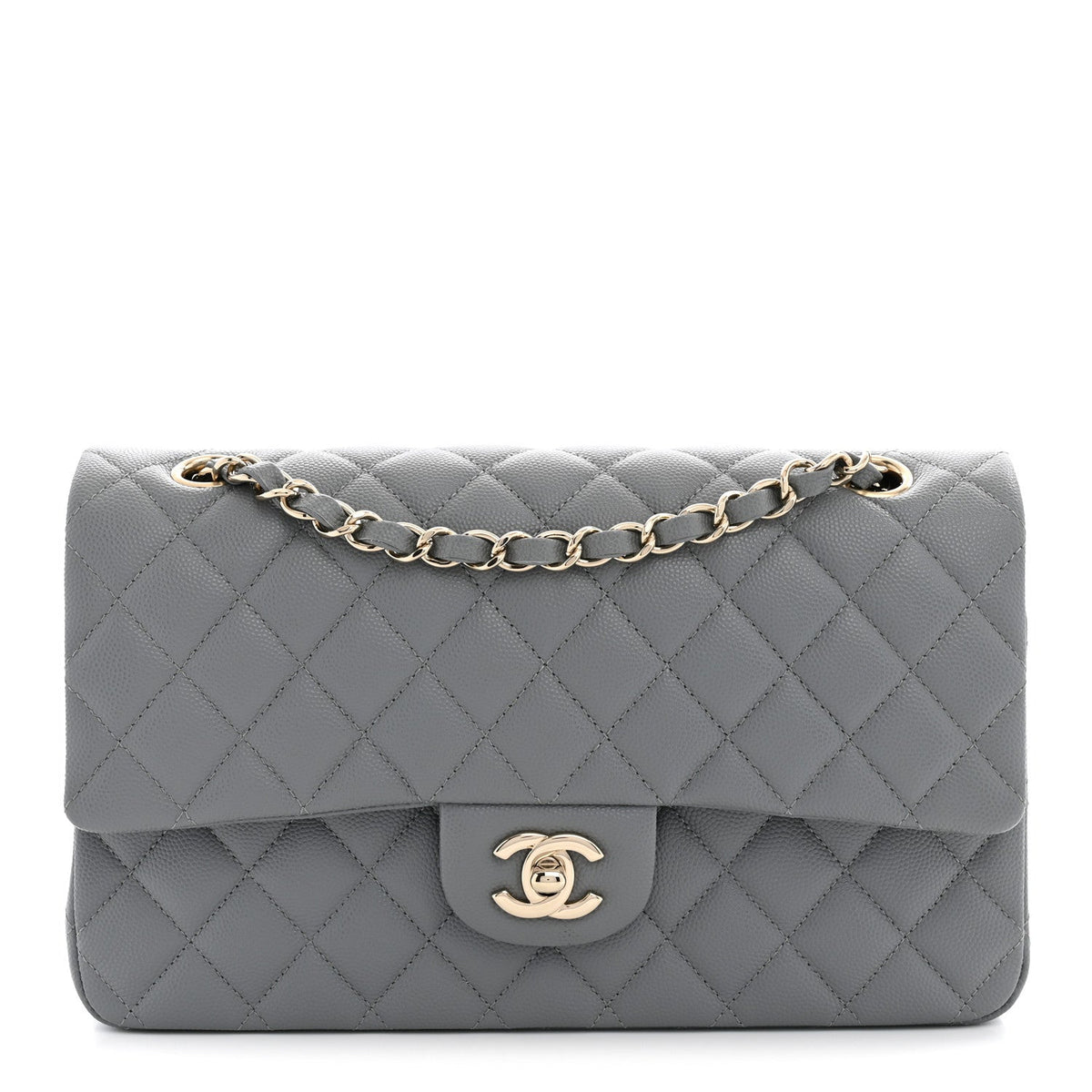 Caviar Quilted Medium Double Flap Grey