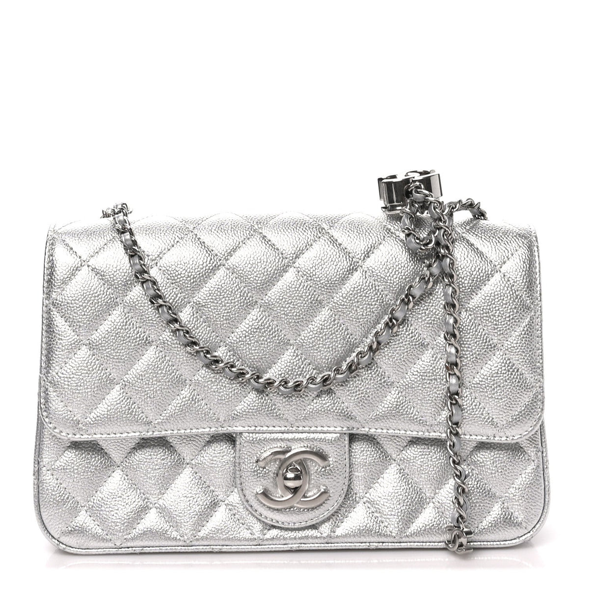 Metallic Caviar Quilted Medium CC Slide Flap Silver
