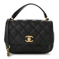 Calfskin Quilted Top Handle Flap Black
