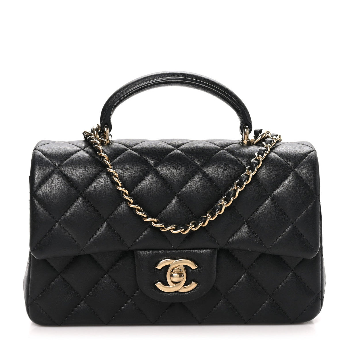 Lambskin Quilted Mini Top Handle Rectangular Flap Black