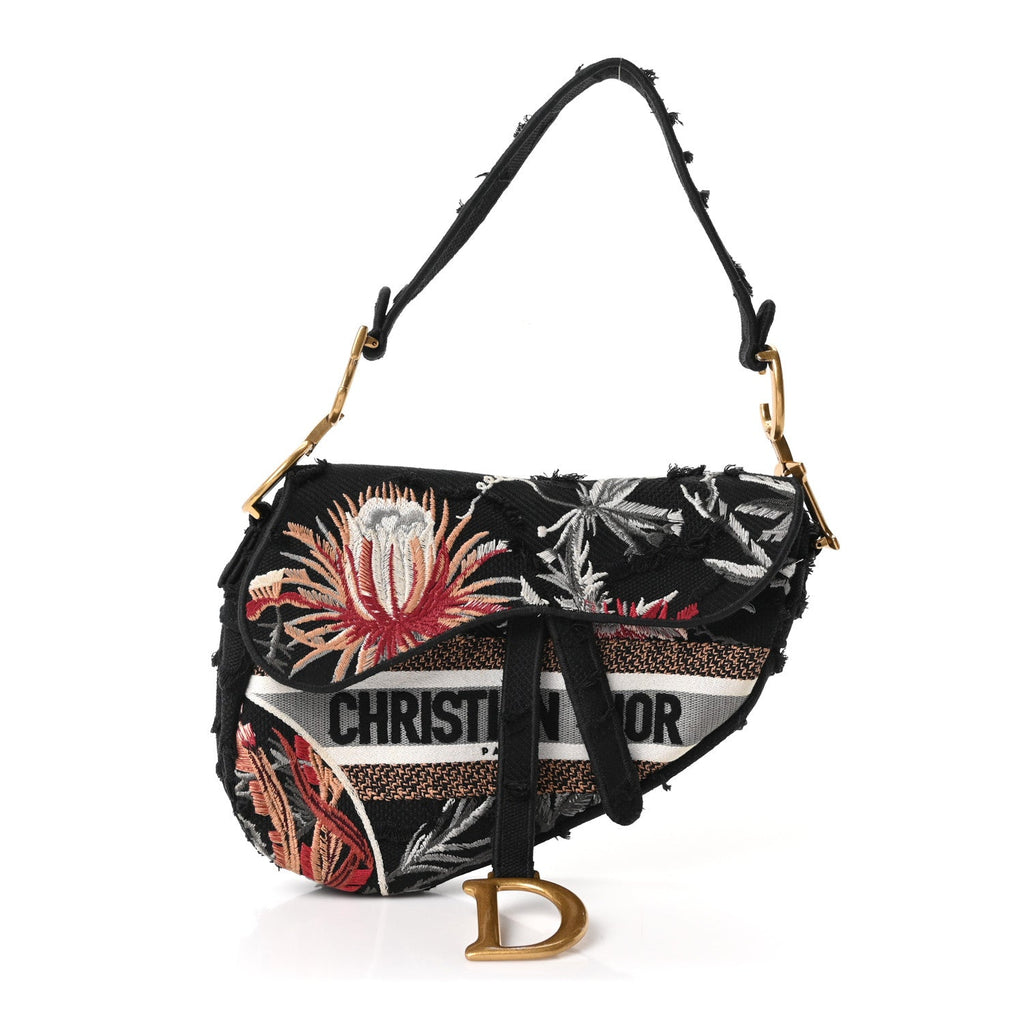Canvas Embroidered Camouflage Flowers Saddle Bag Black Multicolor