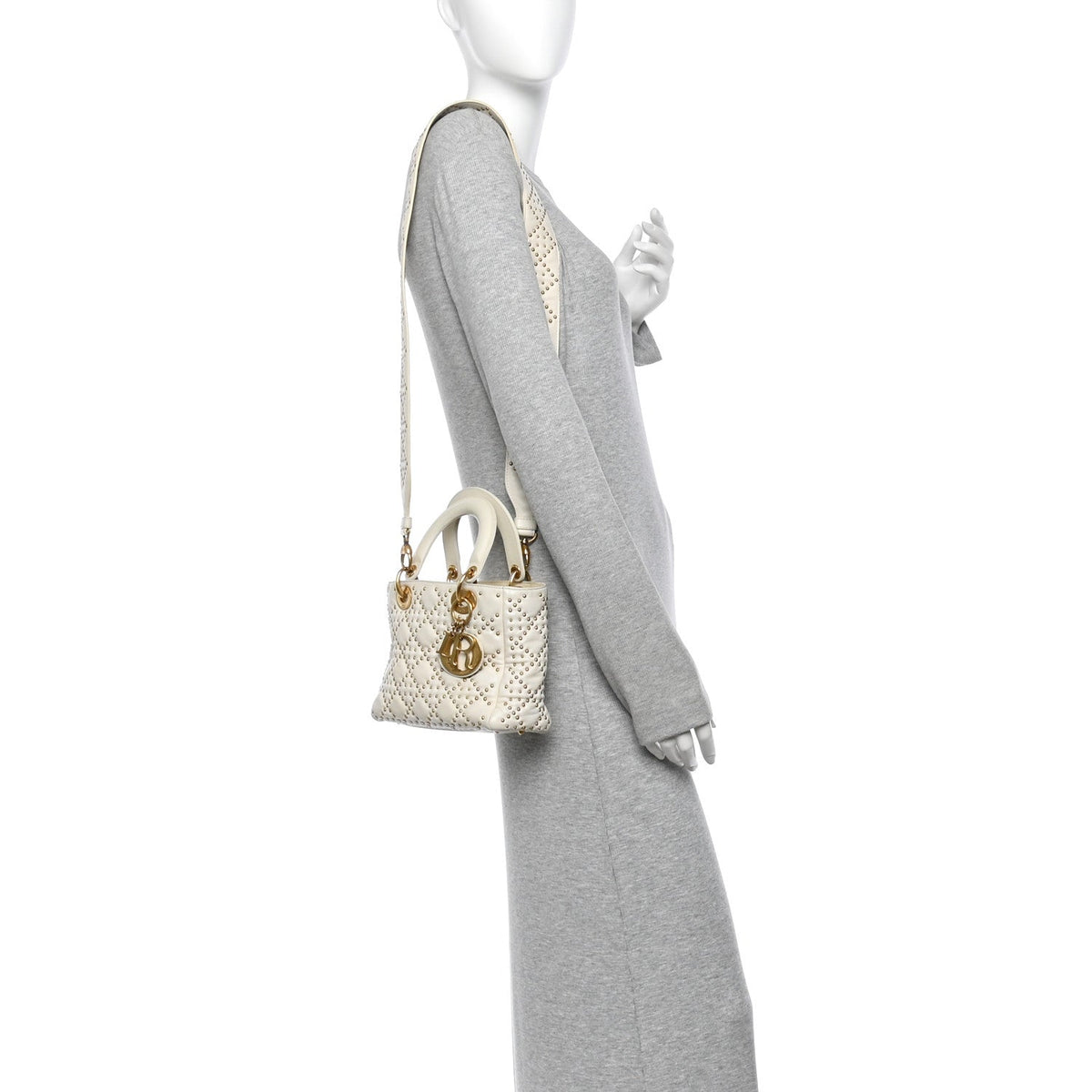 Lambskin Cannage Studded Small Supple Lady Dior White
