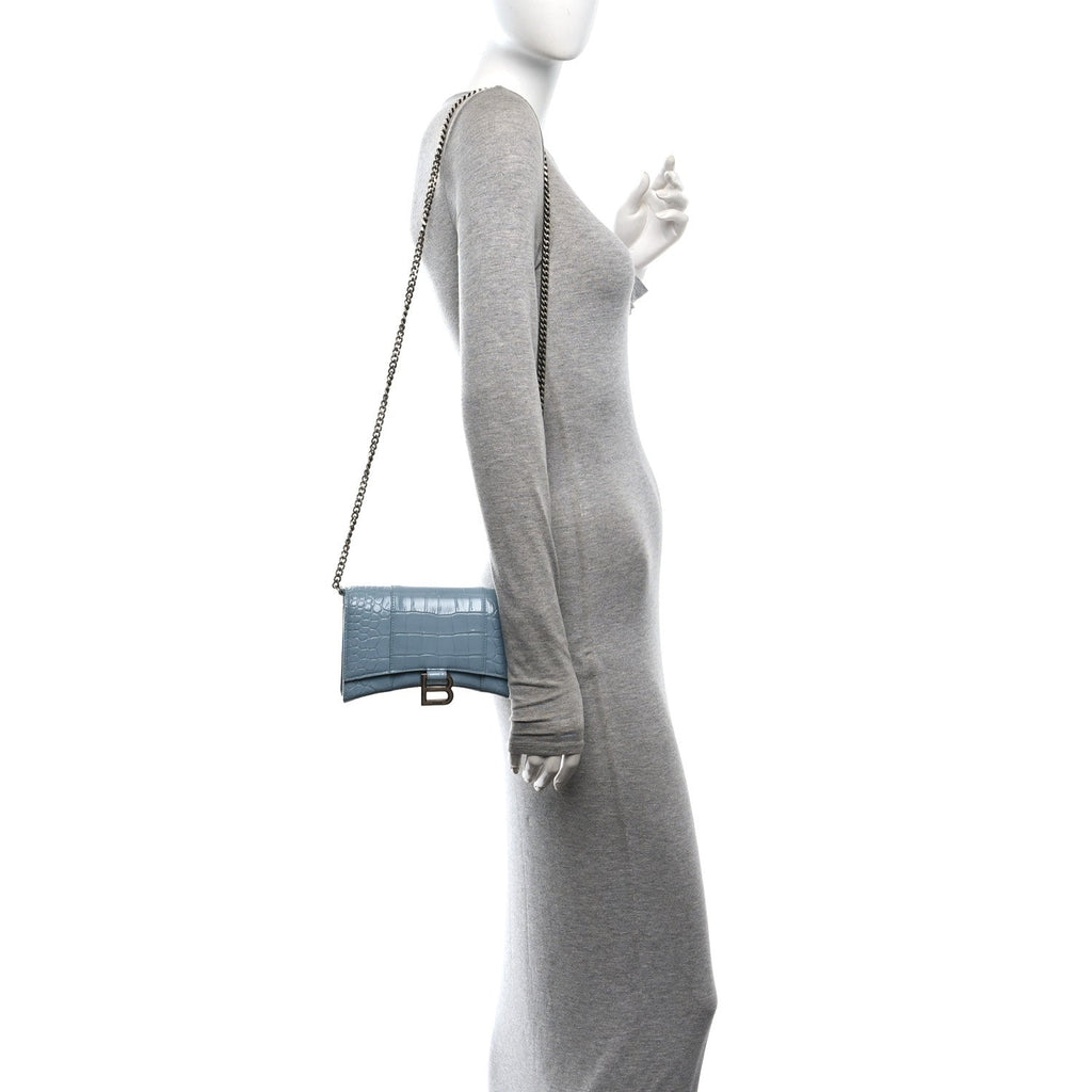 Shiny Calfskin Crocodile Embossed Hourglass Chain Bag Blue Grey