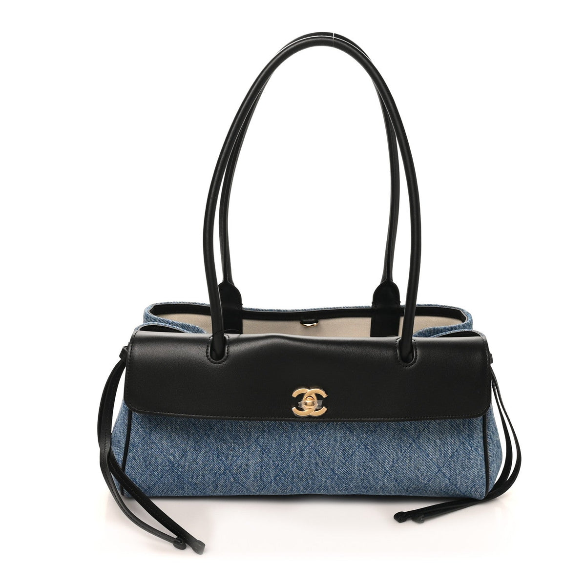 Calfskin Denim Stitched Urban Essentials Small Shopping Bag Blue Black