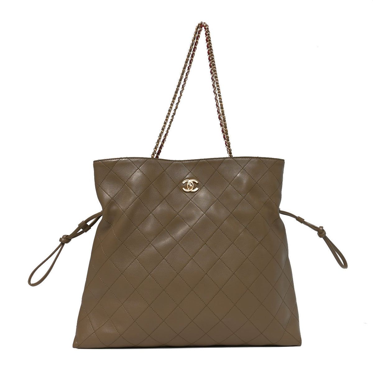 Lambskin Quilted Drawstring Shopping Bag  Dark Khaki
