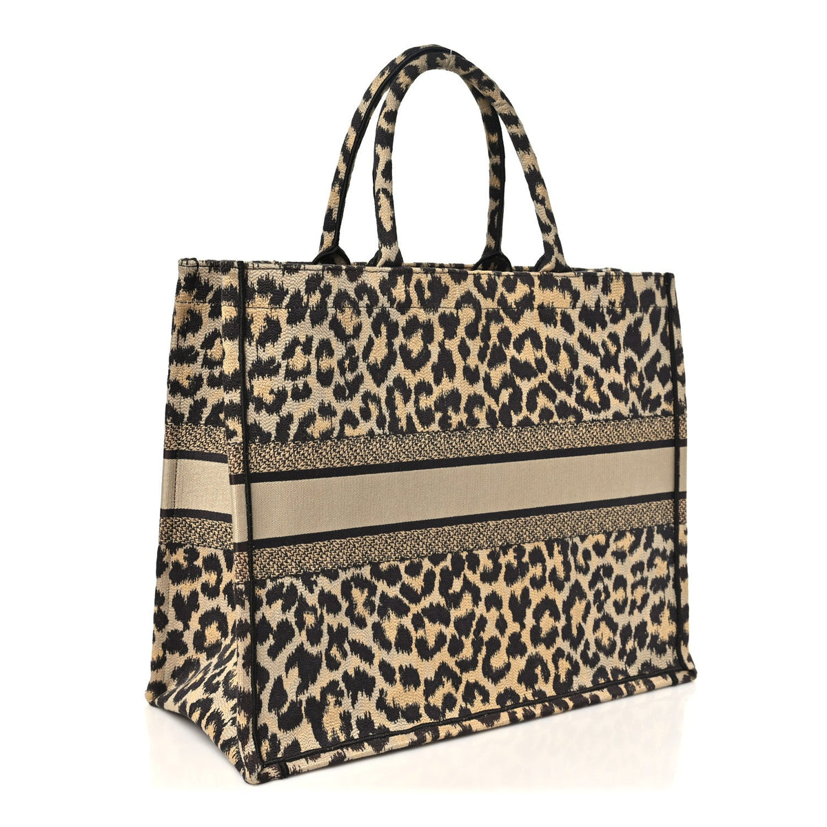 Canvas Mizza Embroidered Large Leopard Book Tote Beige