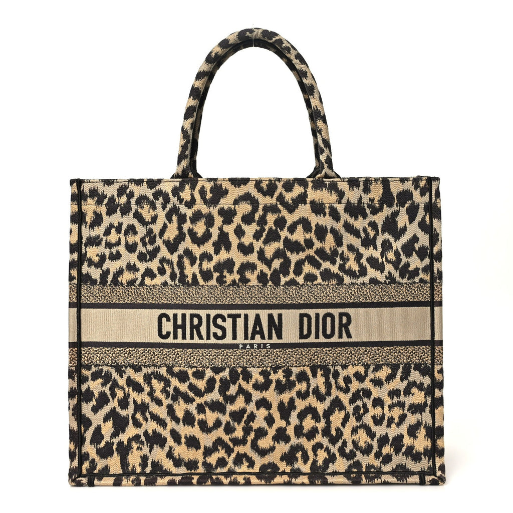 Canvas Mizza Embroidered Large Leopard Book Tote Beige