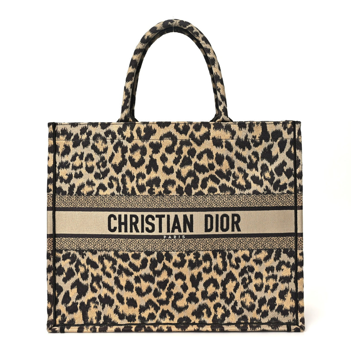 Canvas Mizza Embroidered Large Leopard Book Tote Beige