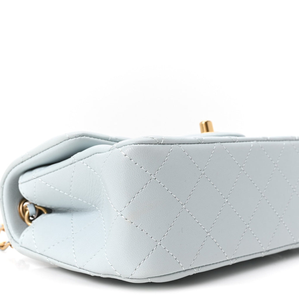 Lambskin Quilted Mini Rectangular Pearl Crush Flap Light Blue