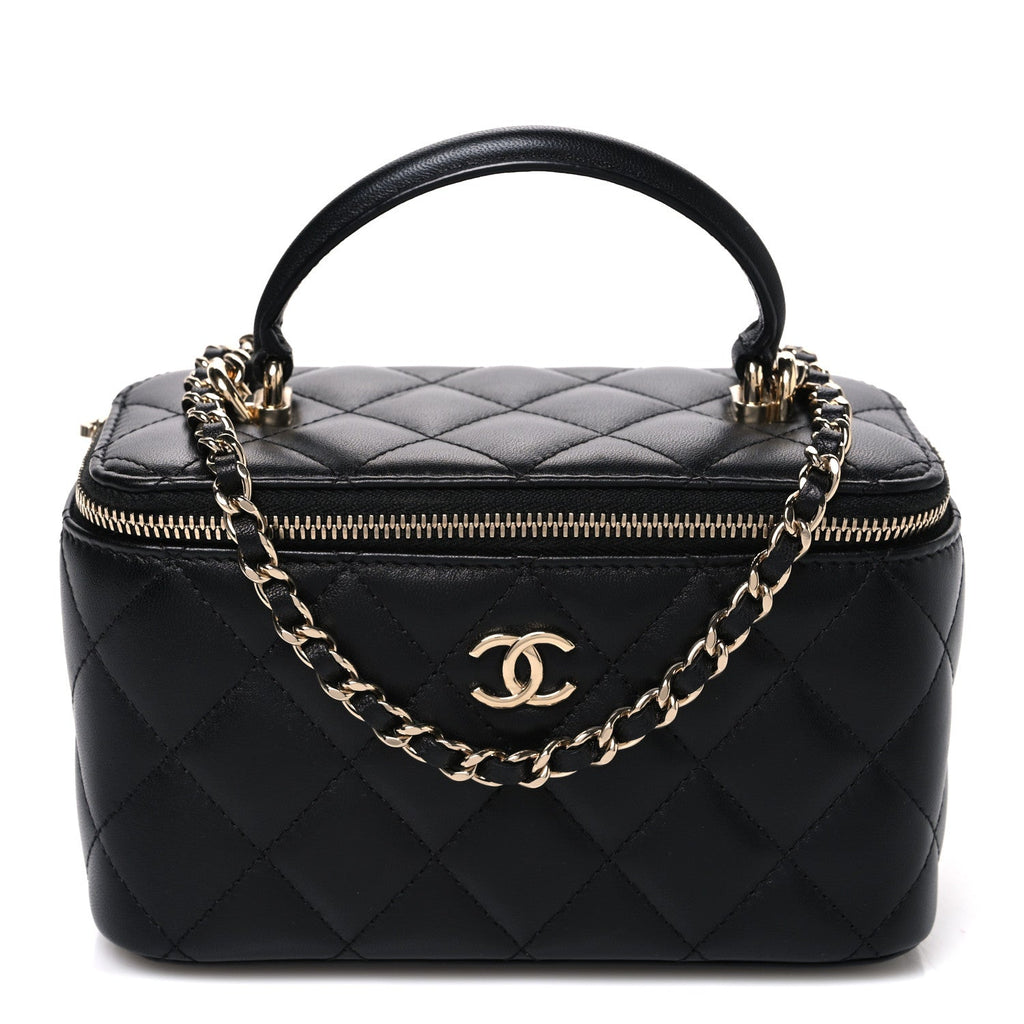 Lambskin Quilted Small Top Handle Vanity Case With Chain Black