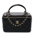 Lambskin Quilted Small Top Handle Vanity Case With Chain Black