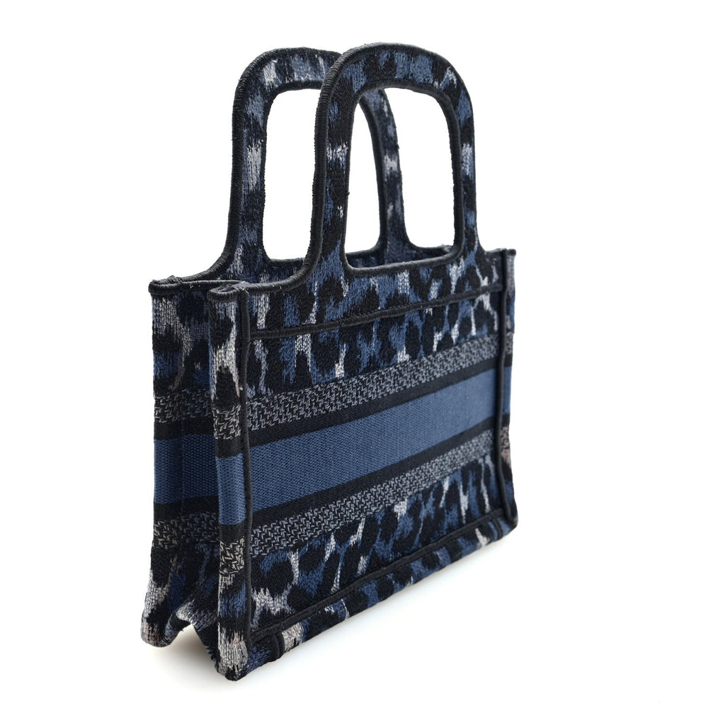Canvas Mizza Embroidered Mini Leopard Book Tote Blue
