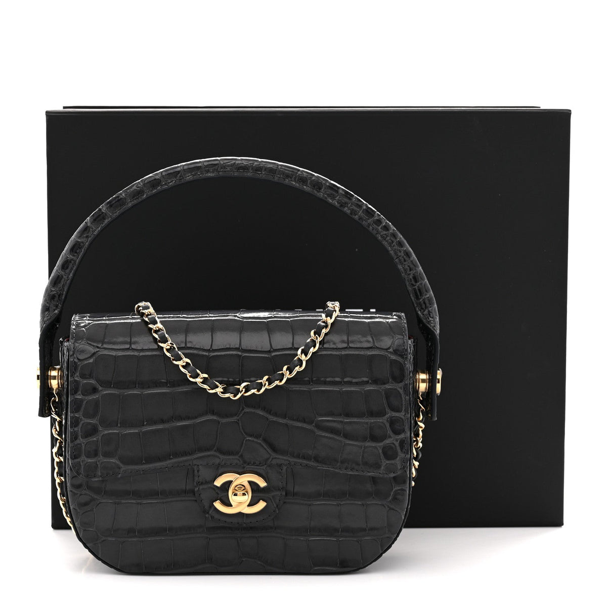 Calfskin Crocodile Embossed Turn Around Mini Flap Dark Grey Dark Grey