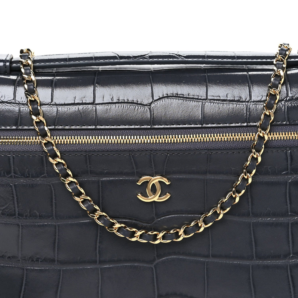 Calfskin Crocodile Embossed Large Supple Trapeze Vanity With Chain Grey