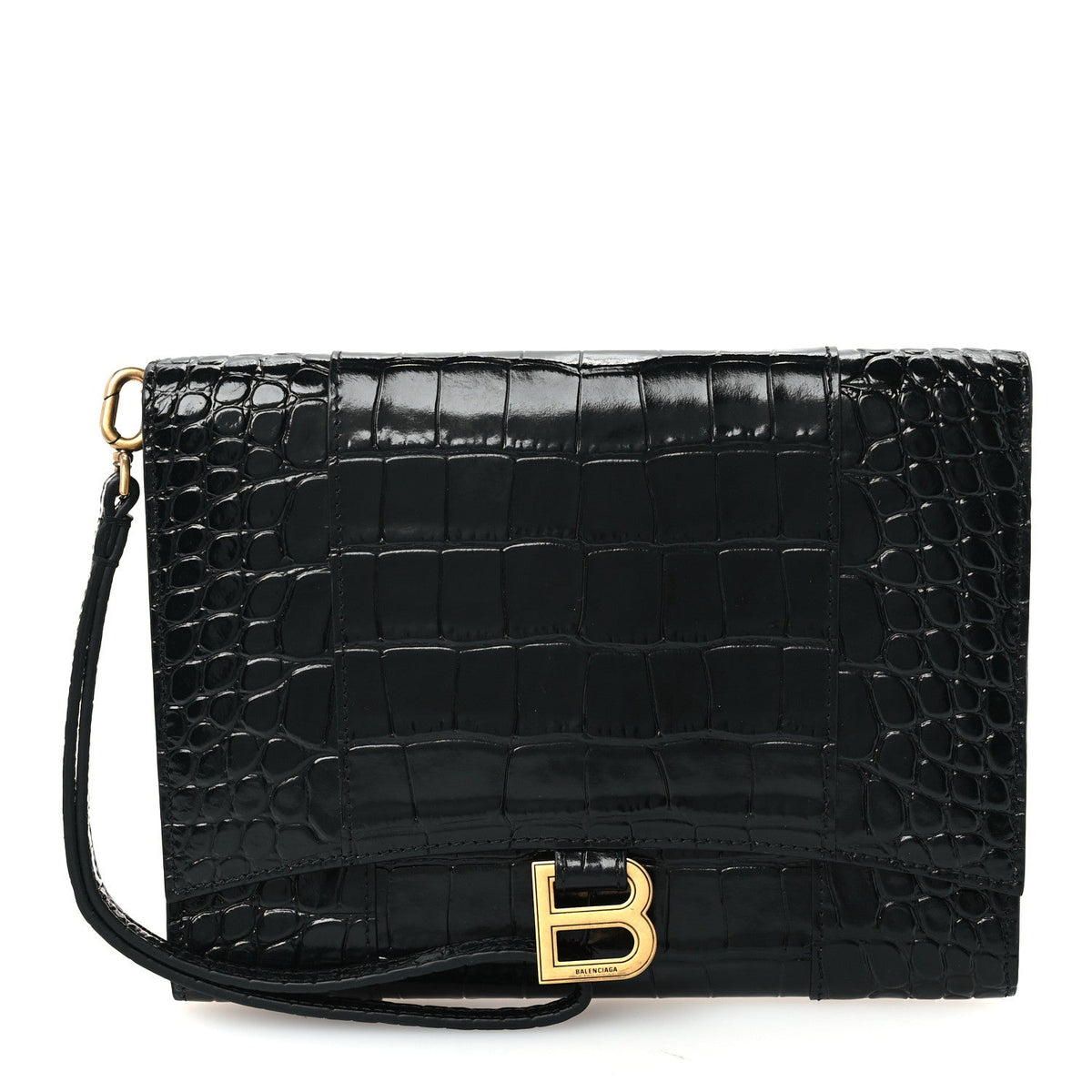 Shiny Calfskin Crocodile Embossed Hourglass Gusset Pouch Black