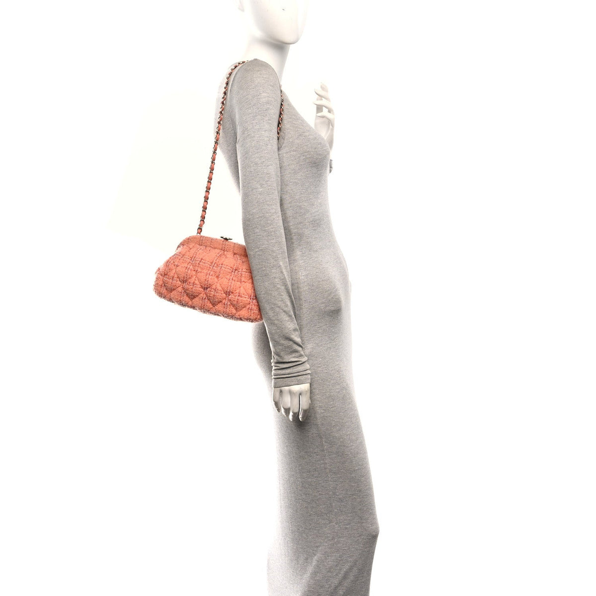 Wool Tweed Quilted CC Kisslock Clutch Coral Pink